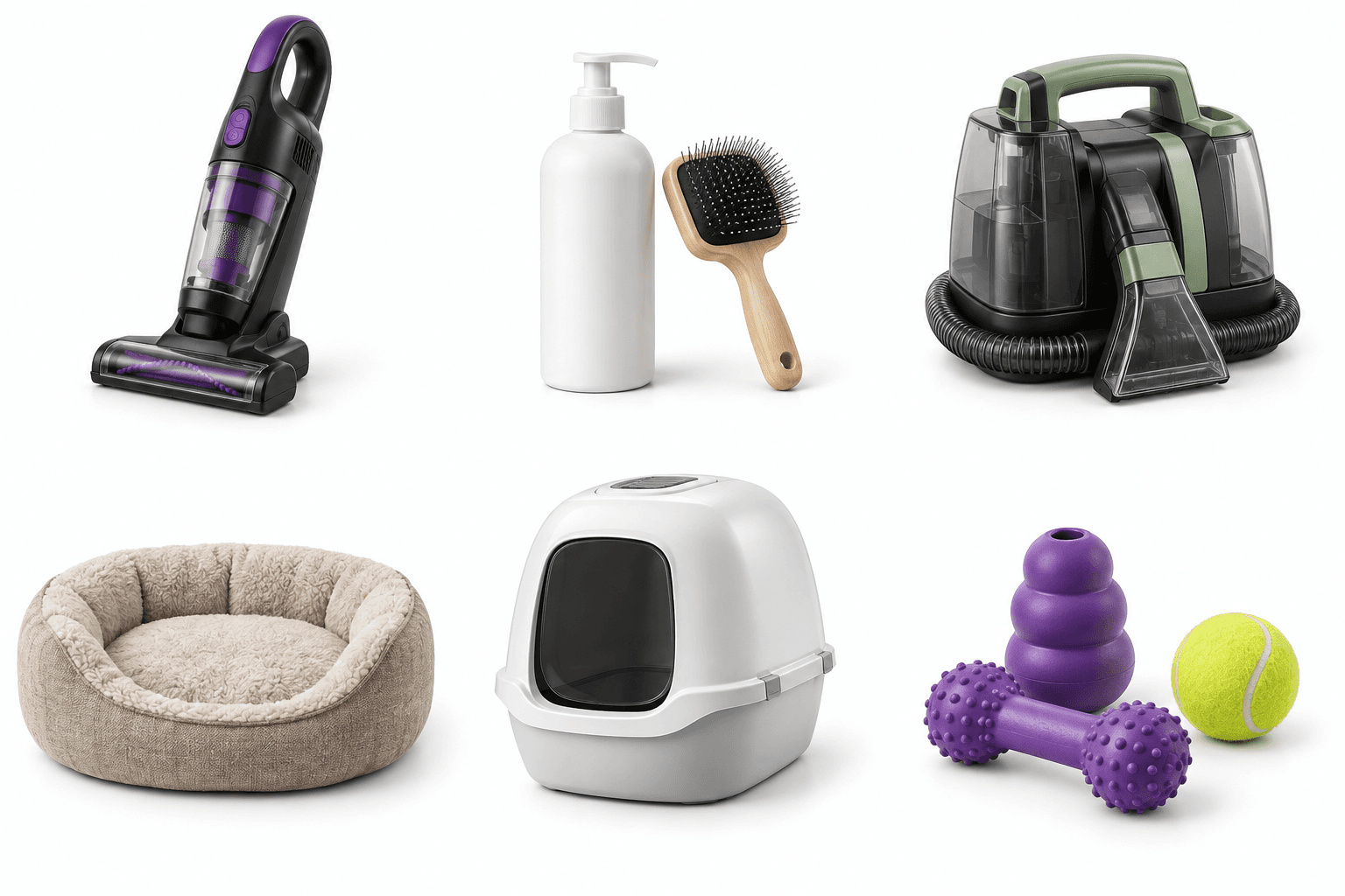 Aspirador, kit de higiene, limpadora, cama, caixa de areia e brinquedos demonstrativos para pets