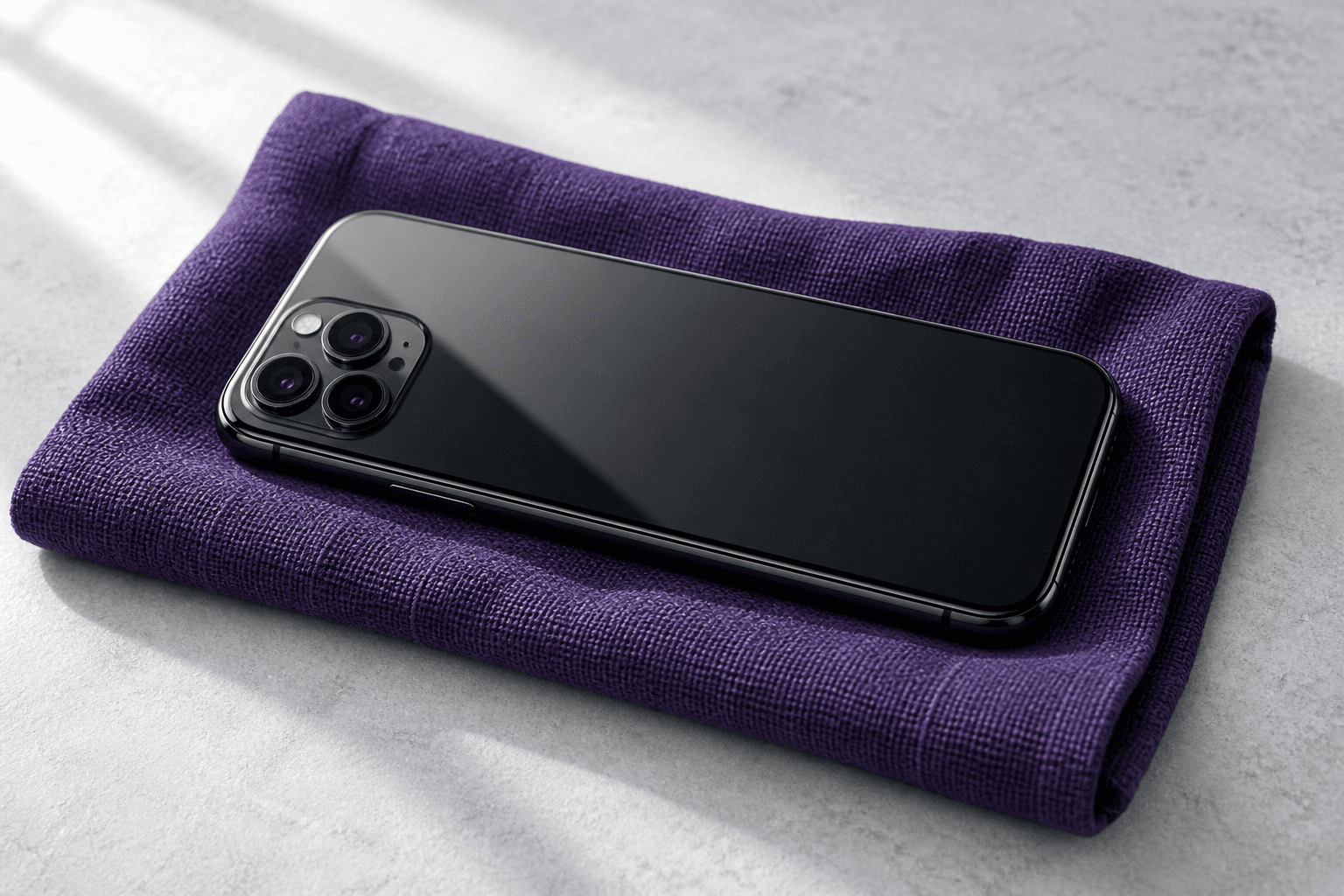 Smartphone preto sobre um tecido violeta